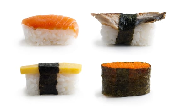 Sushi set traditional japanese cuisine isolated on white.