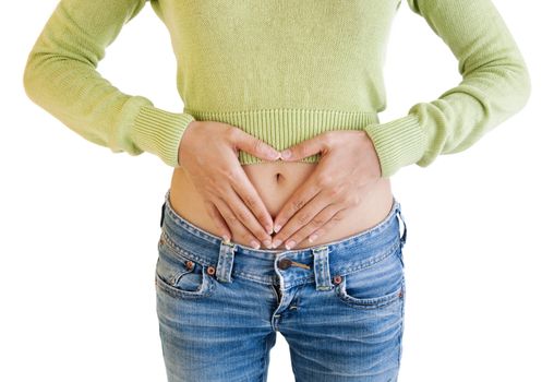 A woman's hands forming a heart symbol on belly.