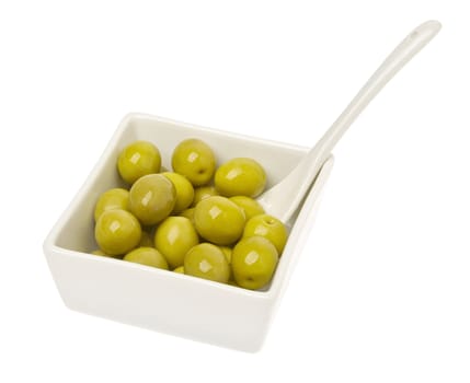 Small white bowl with olives, isolated on white