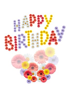 Inscription Happy Birthday made from various color flowers on white background