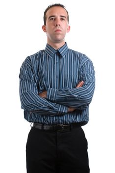 A stern looking employee is standing with his arms crossed, isolated against a white background