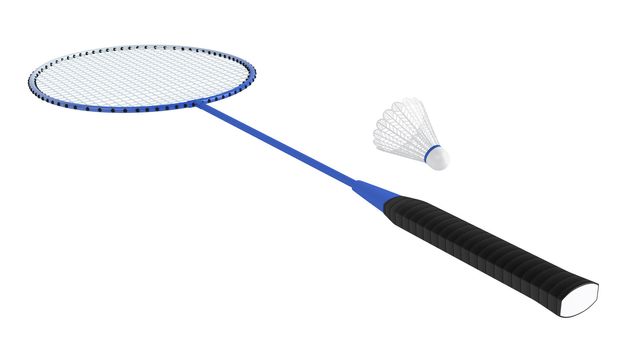 Badminton racquet with shuttlecock isolated on white background