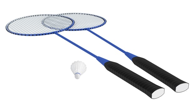 Two badminton racquets with shuttlecock isolated on white background