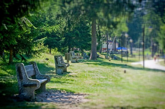 Benches in park with blurred stars filter- Grain intentional