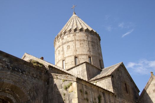 Tower of Tatev Monastyr in Armenia. Summer day.