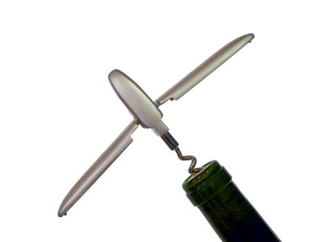 Neck of wine bottle with corkscrew