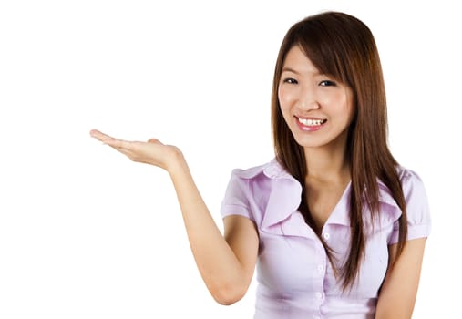 Close-up of a young Asian woman gesturing.