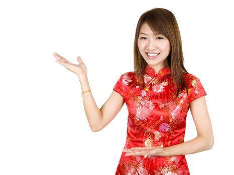 Chinese Asian woman in Traditional Chinese Cheongsam gesturing.