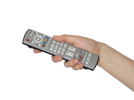 Person`s hand holding a remote controller