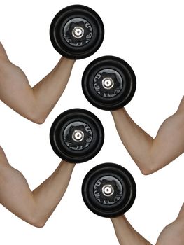 Image of four hands with dumbbell