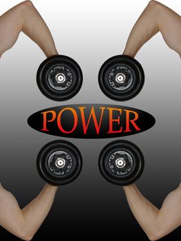 Image of four hands with dumbbell and word power