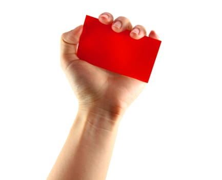 Woman's hand and red card isolated on white