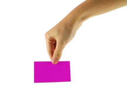 Woman's hand and pink card isolated on white