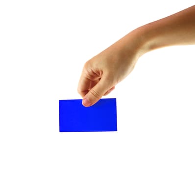 Woman's hand and blue card isolated on white