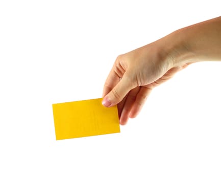 Woman's hand and yellow card isolated on white