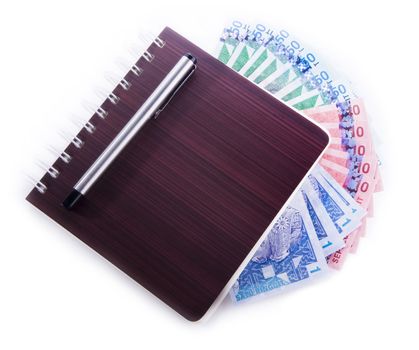 Planner with pen and money