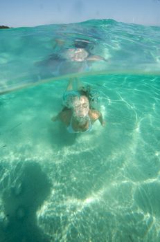 Underwater view of a woman swimming in the ocean
