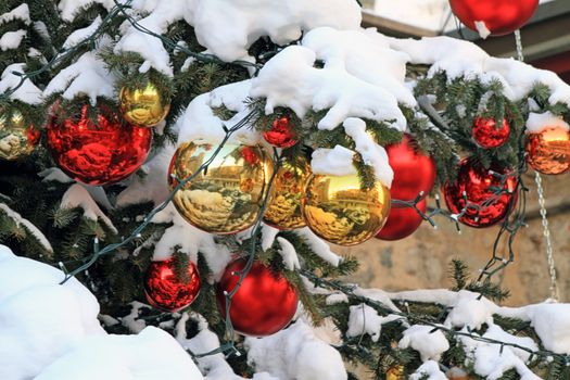 Golden and red Christmas tree balls with snow