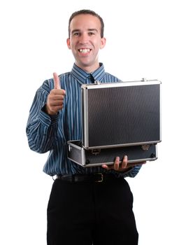 A young man holding an open case and giving a thumb up, isolated against a white background