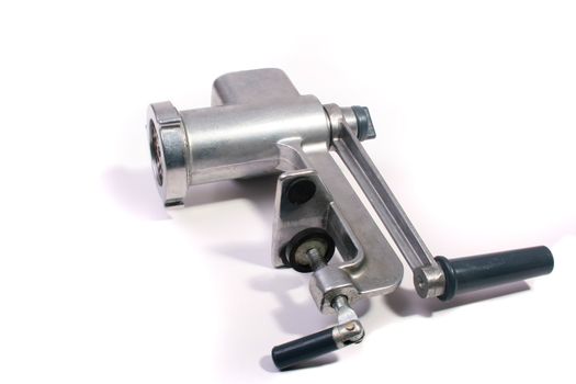 The disassembled meat grinder on a white background.