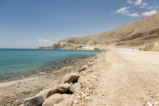 Sandy route on the coast of Van Lake in Turkey