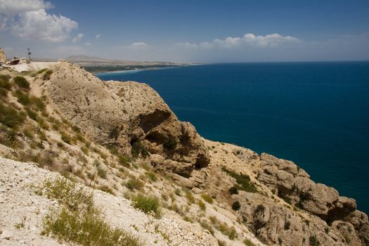 Rocky coast of Van Lake in Turkey. Summer sunny day