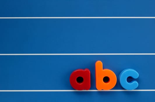 The letters a, b and c from a child's toy alphabet set, placed on a blue, lined background. Space for text elsewhere in the image.