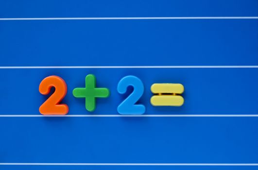 A sum, from a child's toy number set, placed in the middle of a blue, lined background. Answer left blank.