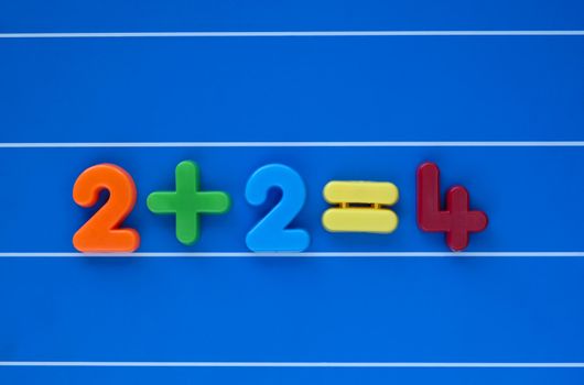 A simple sum, from a child's toy number set, placed in the centre of a blue, lined background.