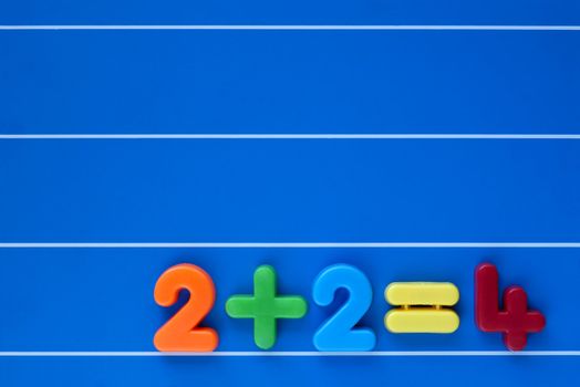 An easy sum, from a child's toy number set, placed at bottom left on a blue, lined background. Space for text top right.
