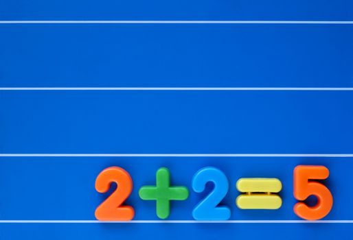 The classic "putting two and two together and getting five", created from a child's toy number set. Sum placed at bottom right, leaving space for text above.