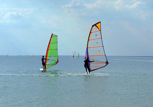 Two surfers on waves of a gulf in the afternoon