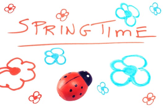 Springtime written on white background with ladybugs and sketched flowers