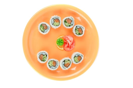 Closeup japanese sushi set at plate on a white