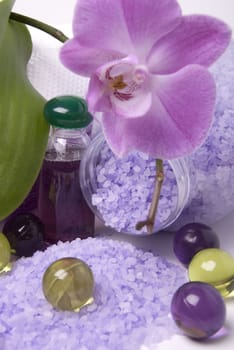 Various items for bath oil pearl salt and orchid 