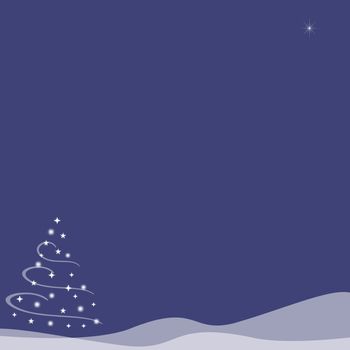 Abstract illustration of of a Christmas tree made from stars and surrounded by swirls of white on top of snow hills created with transparency.  A single star shines in the sky. Indigo blue background.  Copy space.
