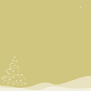 Abstract illustration of of a Christmas tree made from stars and surrounded by swirls of white on top of snow hills created with transparency.  A single star shines in the sky.  Gold background.  Copy space.
