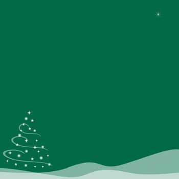 Abstract illustration of of a Christmas tree made from stars and surrounded by swirls of white on top of snow hills created with transparency.  A single star shines in the sky.  Green background.  Copy space.
