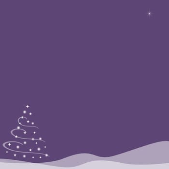 Abstract illustration of of a Christmas tree made from stars and surrounded by swirls of white on top of snow hills created with transparency.  A single star shines in the sky.  Purple background.  Copy space.