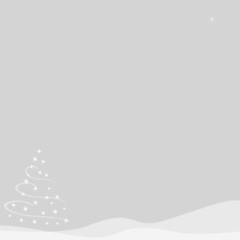 Abstract illustration of of a Christmas tree made from stars and surrounded by swirls of white on top of snow hills created with transparency.  A single star shines in the sky.  Silver background.  Copy space.
