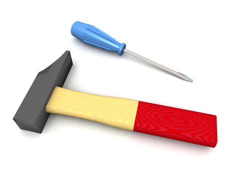 a 3D rendering of a hammer and a blue screwdriver