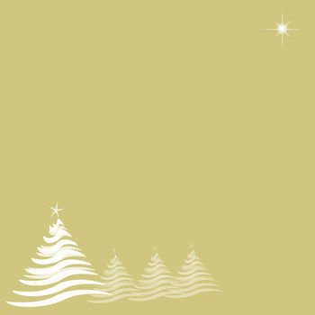 Abstract illustration with four white Christmas trees running from lower left, and one star at top right.  Gold background provides copy space.
