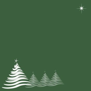 Abstract illustration with four white Christmas trees running from lower left, and one star at top right.  Green background provides copy space.

