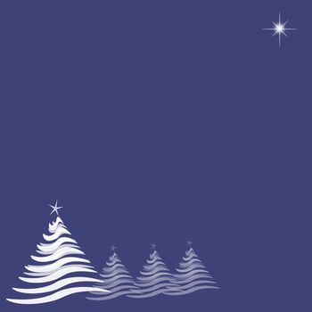 Abstract illustration with four white Christmas trees running from lower left, and one star at top right.  Indigo blue background provides copy space.