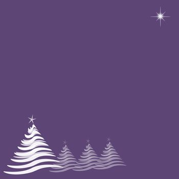 Abstract illustration with four white Christmas trees running from lower left, and one star at top right.  Purple background provides copy space.
