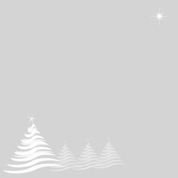 Abstract illustration with four white Christmas trees running from lower left, and one star at top right.  Silver background provides copy space.
