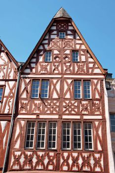 Half-timbered houses in the historical centre of Trier, the oldest city in Germany. This typical medieval houses were made of wooden frameworks (timbers). The spaces between the timbers were often infilled with wattle-and-daub, brick, or rubble.