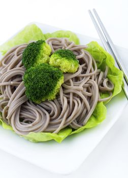 Japanese Vegetarian Soba Noodles with Vegetable on White Plates.
