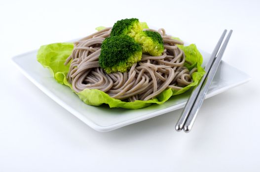 Japanese Vegetarian Soba Noodles with Vegetable on White Plates