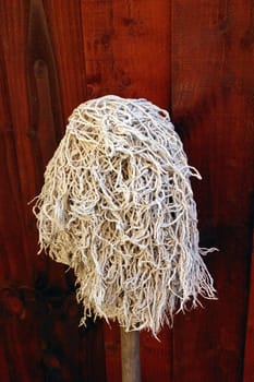 Dry Mop Head Leaning Against a Wooden Fence